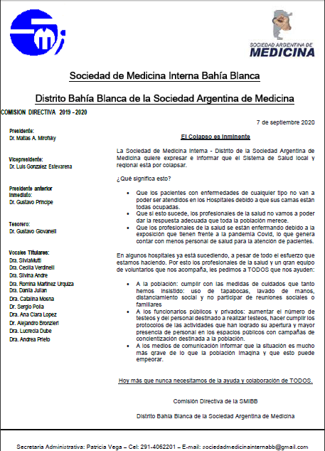 CARTA DE LA SOCIEDAD ARGENTINA DE MEDICINA, DISTRITO DE BAHÍA BLANCA